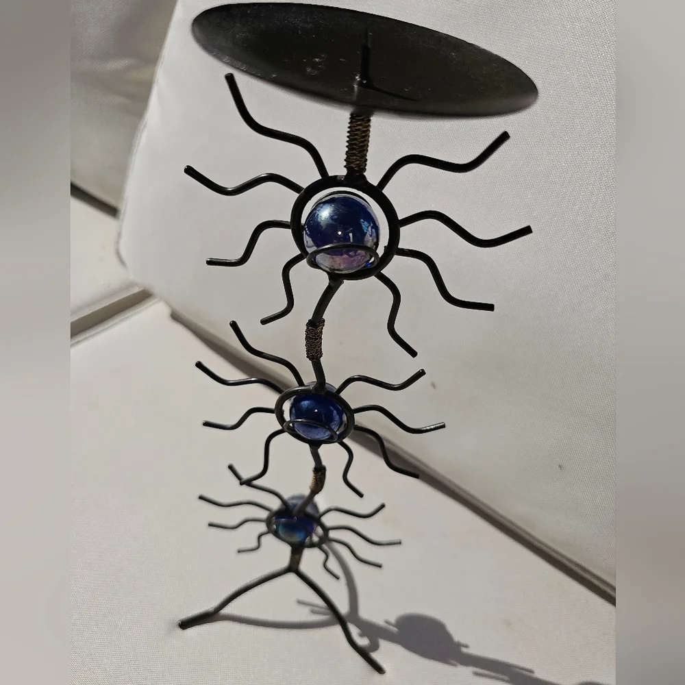 Halloween Metal Spider Candle Holder Blue Marbles Tall Goth‎ Art Deco Spooky